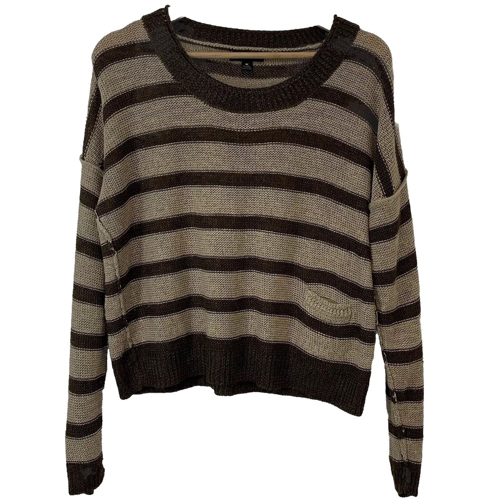 Aqua Linen Blend Sweater Woman Medium Waffle Knit Brown Tan Stripe‎ Loose  Comfy